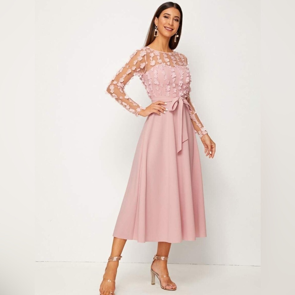 🔴 APPLIQUE MESH OVERLAY SWEETHEART NECK SELF BELTED PINK DRESS SIZE LARGE